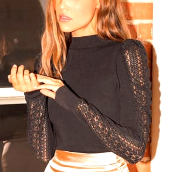 Tops - Lulu's So Much to Say Black Lace Puff Shoulder Sweater Top